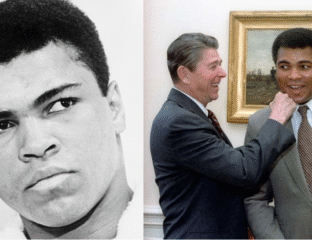 Iconic images of Muhammad Ali and Ronald Reagan, capturing moments of historical significance.