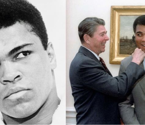 Iconic images of Muhammad Ali and Ronald Reagan, capturing moments of historical significance.