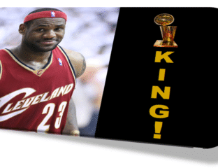 LeBron James in a Cleveland Cavaliers jersey with the word 'KING!' and a trophy graphic.