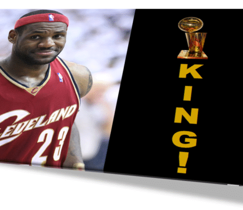 LeBron James in a Cleveland Cavaliers jersey with the word 'KING!' and a trophy graphic.
