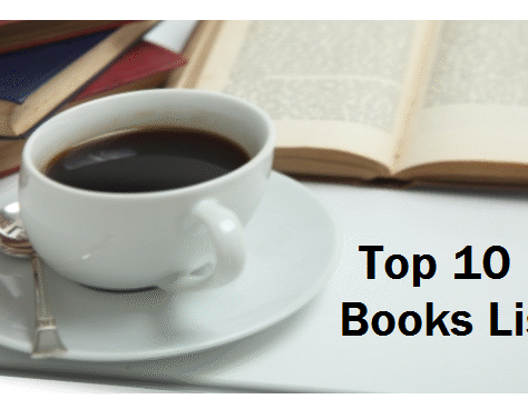 A cup of coffee on a saucer beside an open book with text overlay about top books.