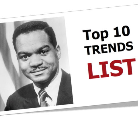 Black and white photo with bold text about top trends list.