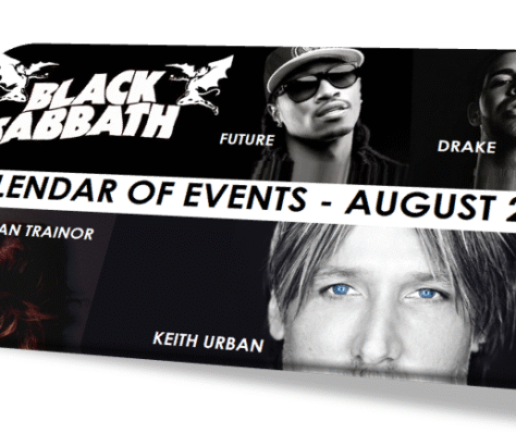 Promotional banner featuring Black Sabbath, Future, and Keith Urban for August events.