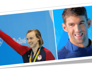 Two athletes smiling, one celebrating with a medal and the other posing.