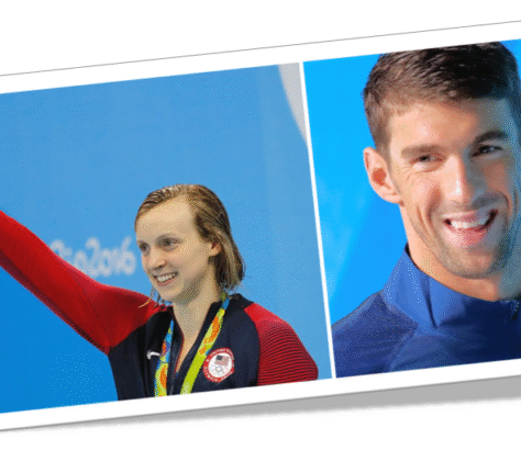 Two athletes smiling, one celebrating with a medal and the other posing.