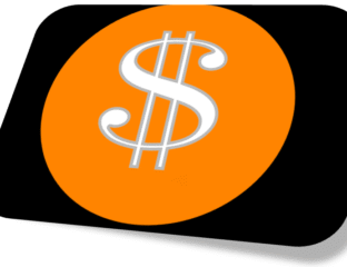 Orange dollar sign logo on a black and white background.