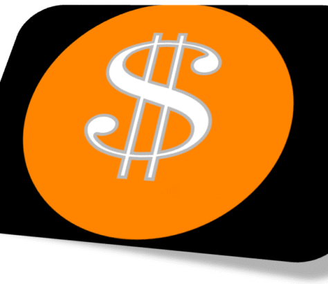 Orange dollar sign logo on a black and white background.