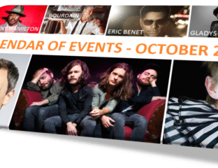 Rock band posing together in a promotional photo with event banner above.