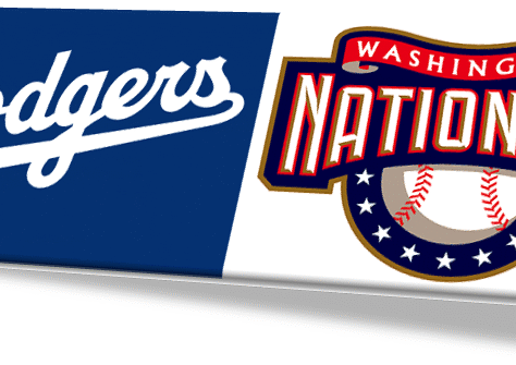 Logos of the Dodgers and Washington Nationals baseball teams.