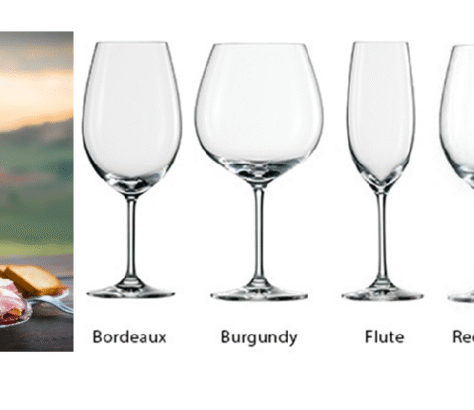 Three types of wine glasses labeled Bordeaux, Burgundy, and Flute.