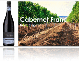 Bottle of Cabernet Franc wine from Bulgaria with vineyard background.