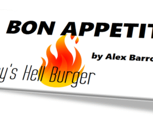Logo of Hell Burger with a fiery flame and bold text.