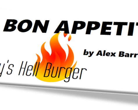 Logo of Hell Burger with a fiery flame and bold text.