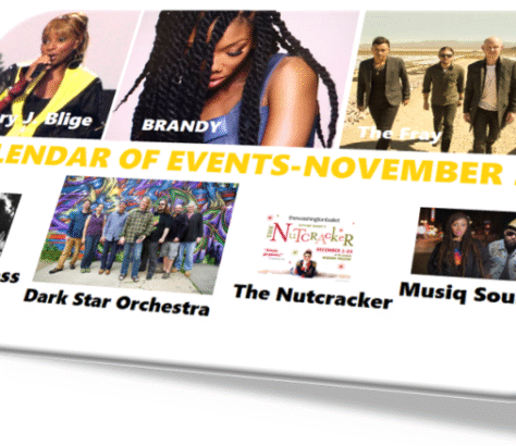 November events calendar featuring music and theater performances.