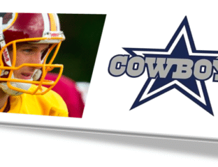 Washington Football Team player and Dallas Cowboys logo side by side.
