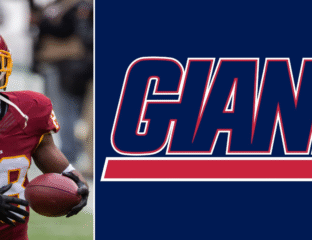 Washington Football Team player running with a football against the Giants logo.