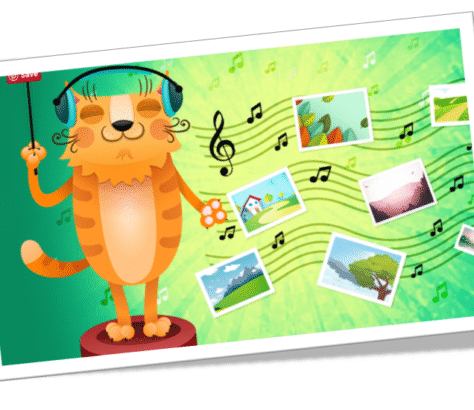 A cartoon tiger enjoying music surrounded by floating musical notes and photos.