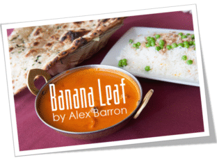 Banana Leaf restaurant logo with rice and bread dish.