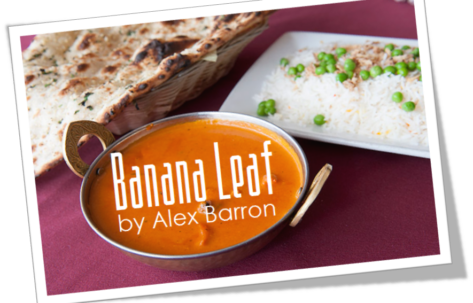 Banana Leaf restaurant logo with rice and bread dish.