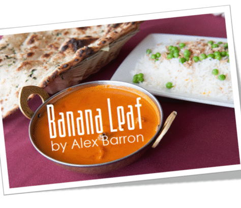 Banana Leaf restaurant logo with rice and bread dish.