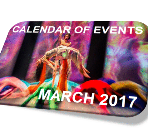 March 2017 calendar of vibrant events with colorful visuals.