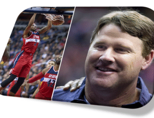 Two-panel image featuring a basketball dunk and a smiling man.