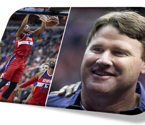Two-panel image featuring a basketball dunk and a smiling man.