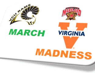 March Madness basketball logos for CSU Rams, Maryland, and Virginia.
