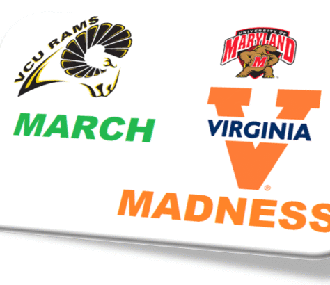 March Madness basketball logos for CSU Rams, Maryland, and Virginia.