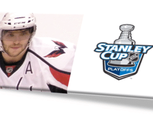 Hockey player in white jersey with Stanley Cup Playoffs logo.