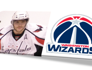 Hockey player juxtaposed with Washington Wizards basketball logo.