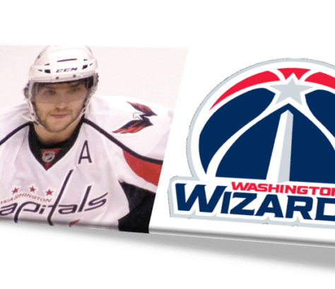 Hockey player juxtaposed with Washington Wizards basketball logo.
