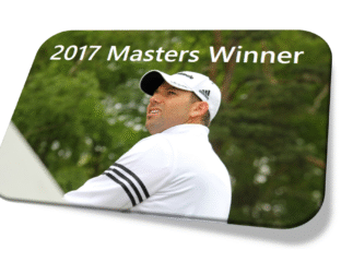 Golfer wearing white celebrating 2017 Masters win.