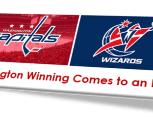 Washington Capitals and Wizards logos with a slogan about winning.