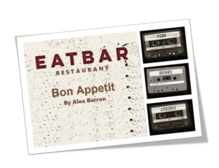 A restaurant menu titled 'EATBAR' with a French greeting and cassette tapes.