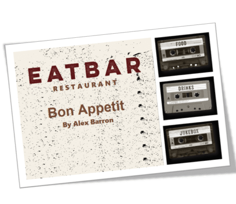 A restaurant menu titled 'EATBAR' with a French greeting and cassette tapes.