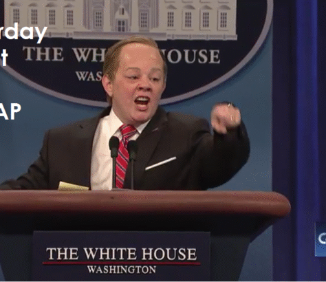 Comedian impersonates a political figure at a White House podium.