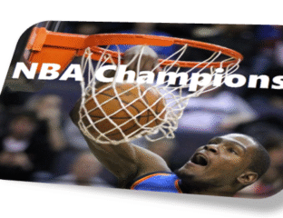 Basketball player dunking during NBA Finals with 'NBA Champions' text overlay.