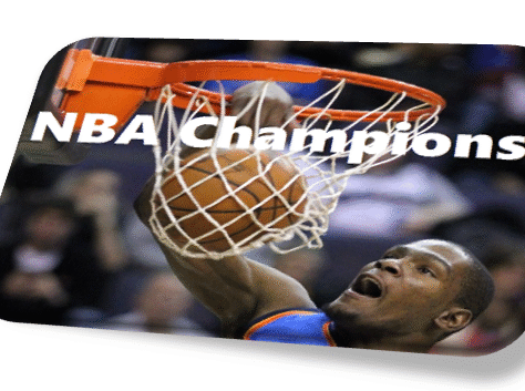 Basketball player dunking during NBA Finals with 'NBA Champions' text overlay.