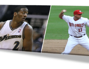 Two athletes from basketball and baseball in action during games.