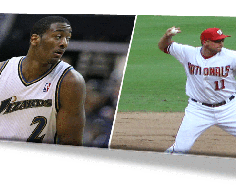 Two athletes from basketball and baseball in action during games.