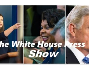 Collage of prominent political figures and a child with the White House press show's title.