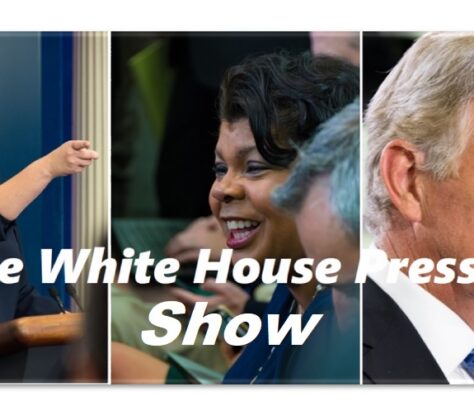 Collage of prominent political figures and a child with the White House press show's title.