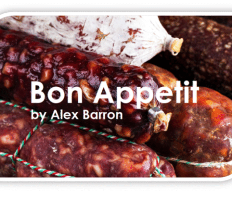 Close-up of delicious sausages and rice with yams, titled 'Bon Appetit' by Alex Barron.