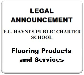 Legal announcement header for E.L. Haynes Public Charter School flooring products and services.