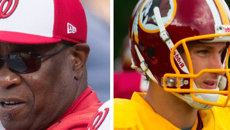 Close-up of two NFL players from rival teams, focused and intense.