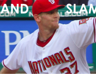 Baseball player in Nationals uniform pitching on the field.