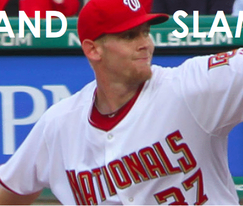 Baseball player in Nationals uniform pitching on the field.