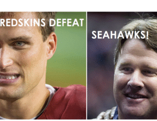 Split image showing Washington Redskins' loss and Seattle Seahawks' win with two players' close-ups.