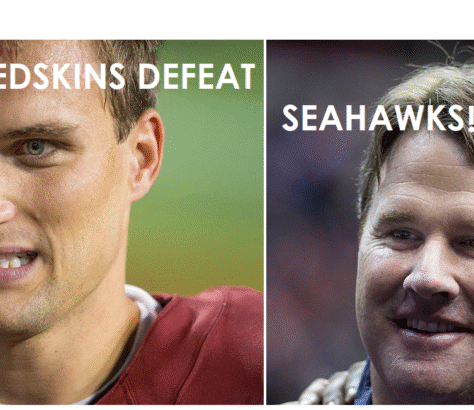 Split image showing Washington Redskins' loss and Seattle Seahawks' win with two players' close-ups.